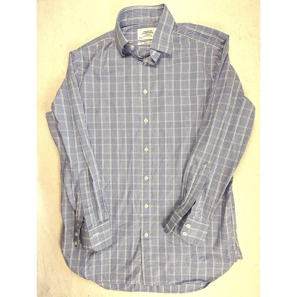 Charles Tyrwhitt dress shirt 15.5/33 blue green micro-check plaid Preppy